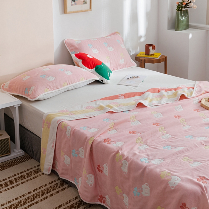 91家纺网 家纺一手货源 找家纺 朴尔家纺-毛巾被 2026春夏新款六层全棉纯棉纱布毛巾被夏被夏凉被空调被 杯中叶语-粉