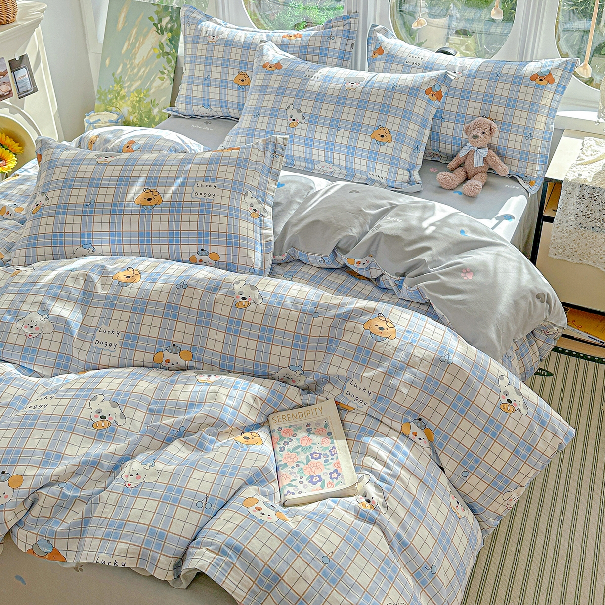 恩泽家纺 2026春夏新款全棉12868印花四件套单品系列-单被套-提供买家秀，预留缩水率 甜心汪·蓝