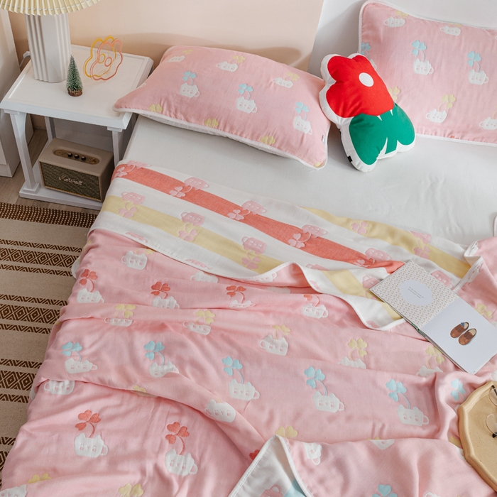 91家纺网 家纺一手货源 找家纺 朴尔家纺-毛巾被 2026春夏新款六层全棉纯棉纱布毛巾被夏被夏凉被空调被 杯中叶语-粉