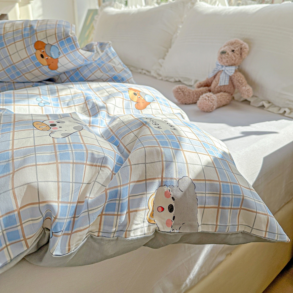 91家纺网 家纺一手货源 找家纺 恩泽家纺 2026春夏新款全棉12868印花四件套单品系列-单被套-提供买家秀，预留缩水率 甜心汪·蓝