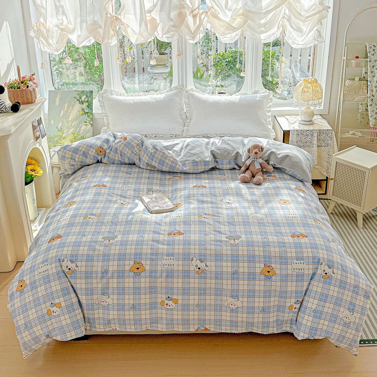 91家纺网 家纺一手货源 找家纺 恩泽家纺 2026春夏新款全棉12868印花四件套单品系列-单被套-提供买家秀，预留缩水率 甜心汪·蓝