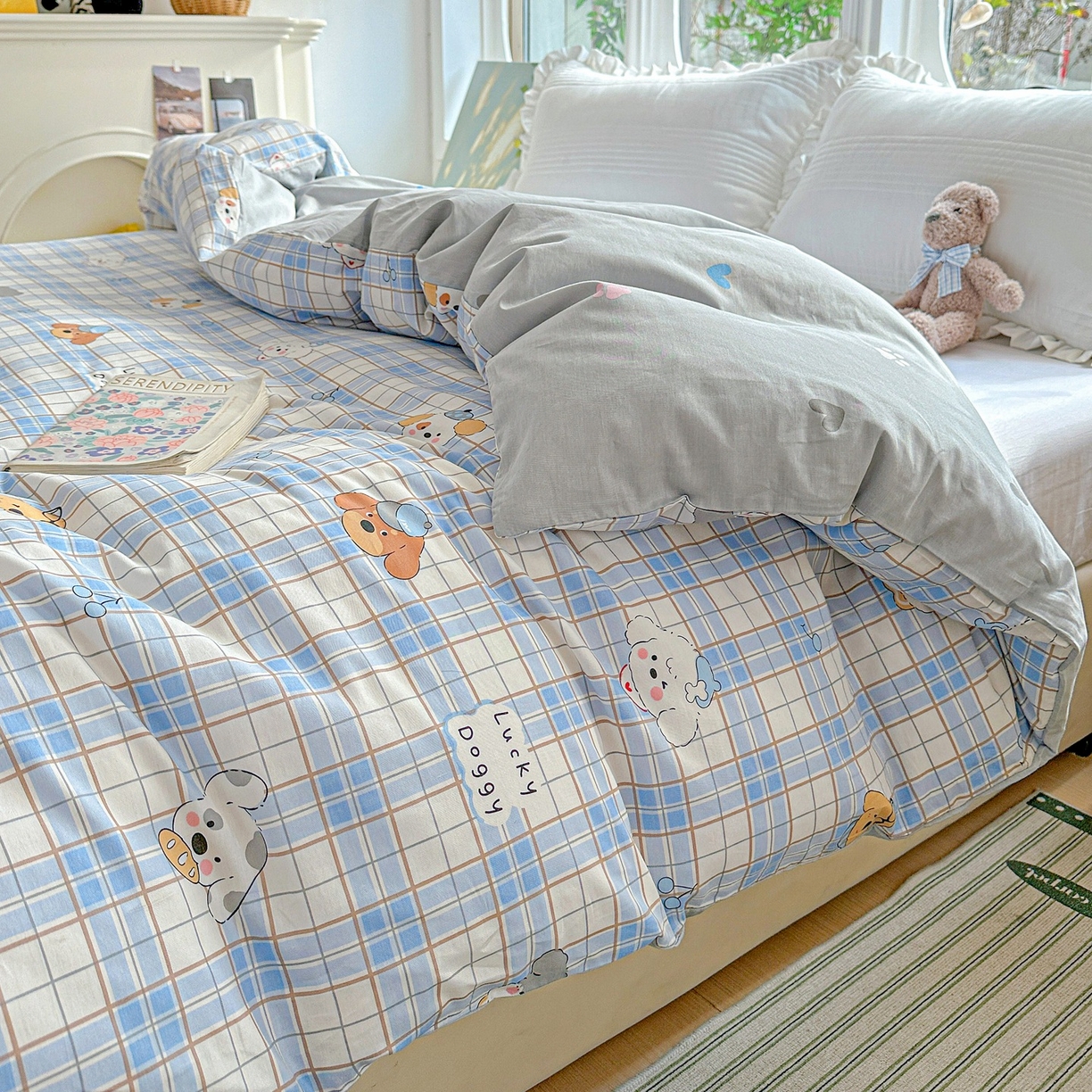 91家纺网 家纺一手货源 找家纺 恩泽家纺 2026春夏新款全棉12868印花四件套单品系列-单被套-提供买家秀，预留缩水率 甜心汪·蓝