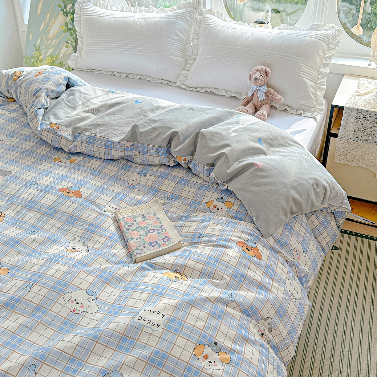 91家纺网 家纺一手货源 找家纺 恩泽家纺 2026春夏新款全棉12868印花四件套单品系列-单被套-提供买家秀，预留缩水率 甜心汪·蓝