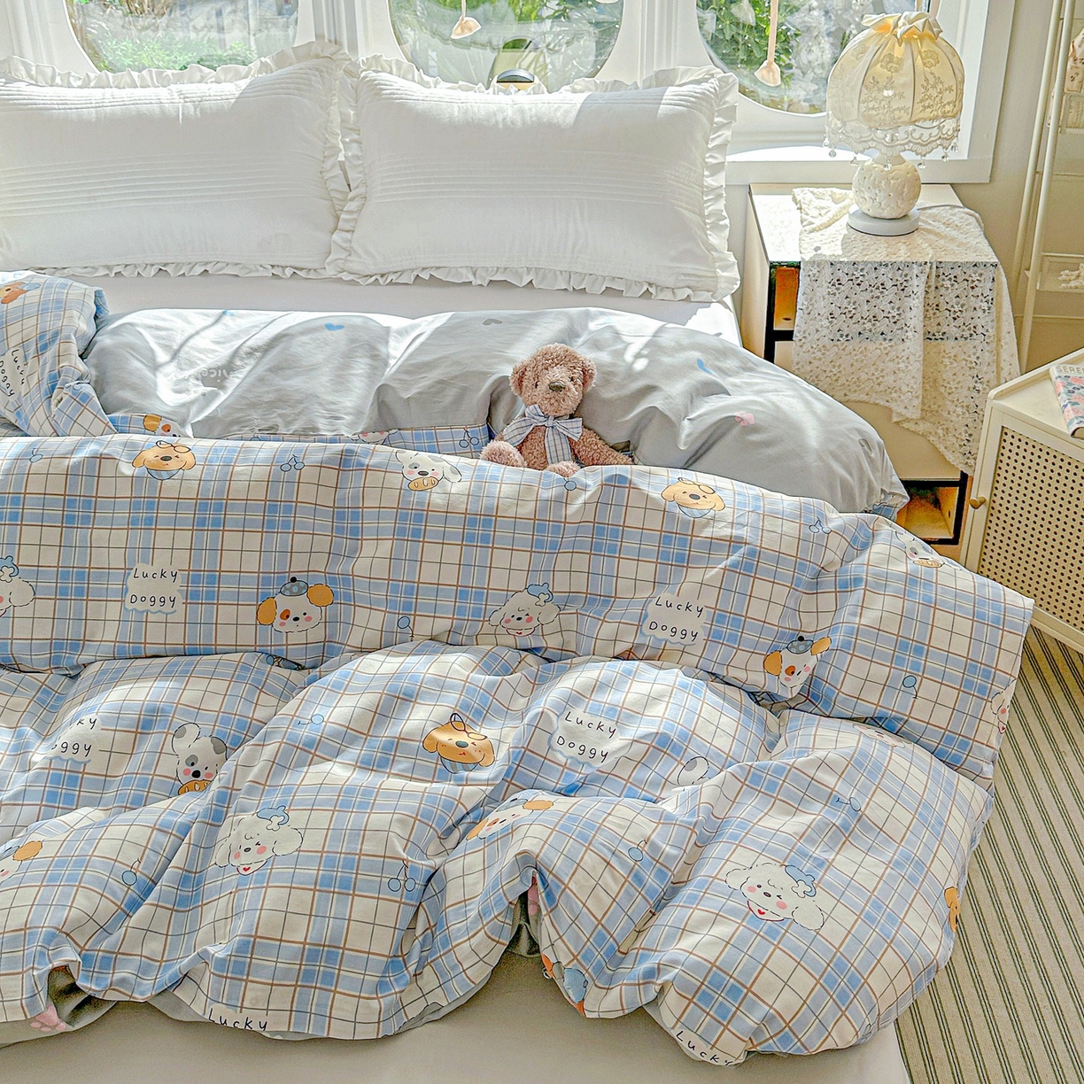 91家纺网 家纺一手货源 找家纺 恩泽家纺 2026春夏新款全棉12868印花四件套单品系列-单被套-提供买家秀，预留缩水率 甜心汪·蓝