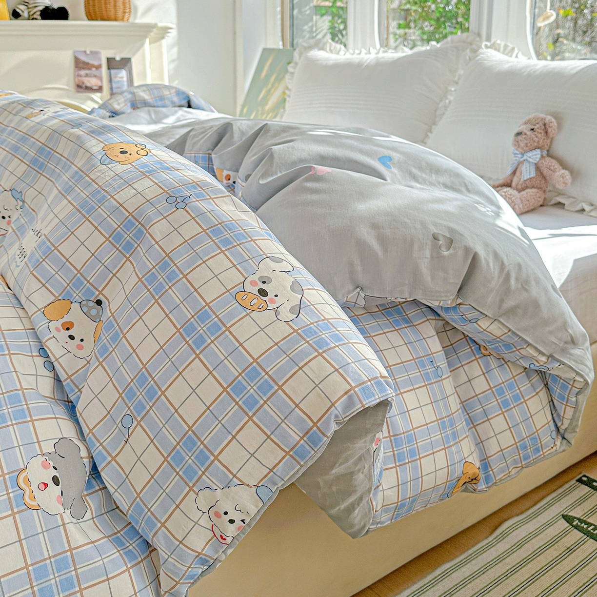 91家纺网 家纺一手货源 找家纺 恩泽家纺 2026春夏新款全棉12868印花四件套单品系列-单被套-提供买家秀，预留缩水率 甜心汪·蓝