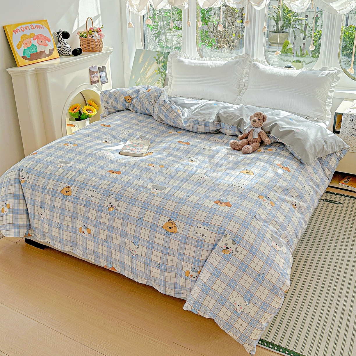 91家纺网 家纺一手货源 找家纺 恩泽家纺 2026春夏新款全棉12868印花四件套单品系列-单被套-提供买家秀，预留缩水率 甜心汪·蓝