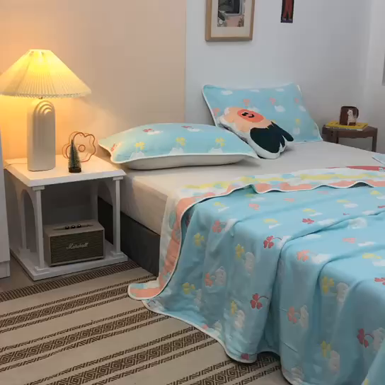 91家纺网 家纺一手货源 找家纺 朴尔家纺-毛巾被 2026春夏新款六层全棉纯棉纱布毛巾被夏被夏凉被空调被 杯中叶语-兰