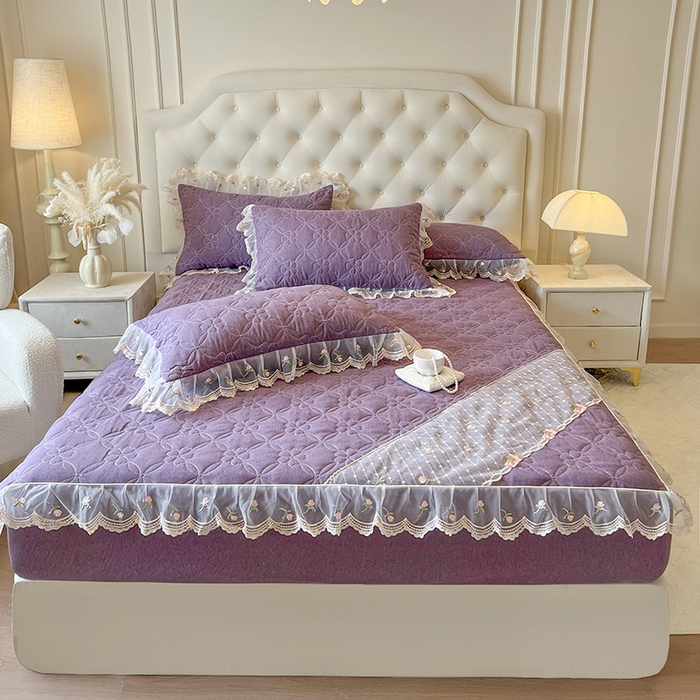 网红馆（ck家纺） 2026新款色织蕾丝边床裙款床笠 浪漫紫