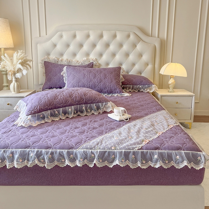 91家纺网 家纺一手货源 找家纺 网红馆（ck家纺） 2026新款色织蕾丝边床裙款床笠 浪漫紫