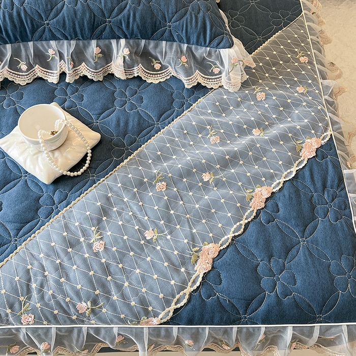 91家纺网 家纺一手货源 找家纺 网红馆（ck家纺） 2026新款色织蕾丝边床裙款床笠 宝石蓝