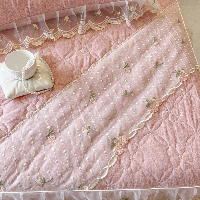 91家纺网 家纺一手货源 找家纺 网红馆（ck家纺） 2026新款色织蕾丝边床裙款床笠 香妃粉