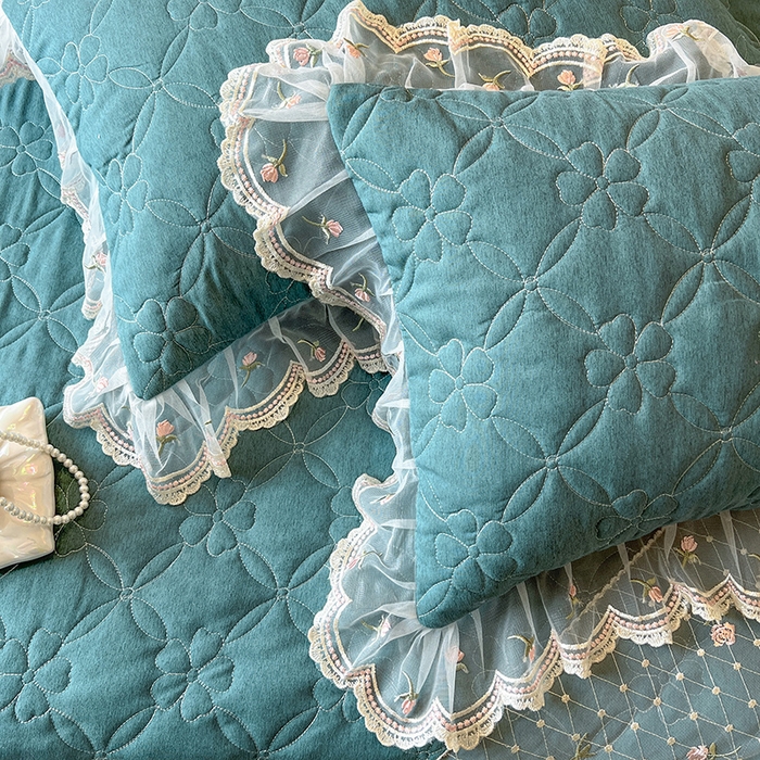 91家纺网 家纺一手货源 找家纺 网红馆（ck家纺） 2026新款色织蕾丝边床裙款床笠 黛绿色