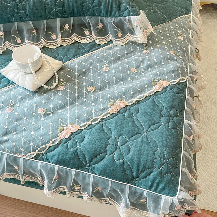 91家纺网 家纺一手货源 找家纺 网红馆（ck家纺） 2026新款色织蕾丝边床裙款床笠 黛绿色