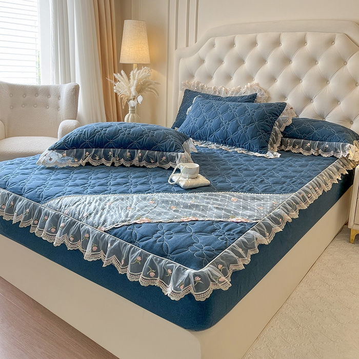 91家纺网 家纺一手货源 找家纺 网红馆（ck家纺） 2026新款色织蕾丝边床裙款床笠 宝石蓝