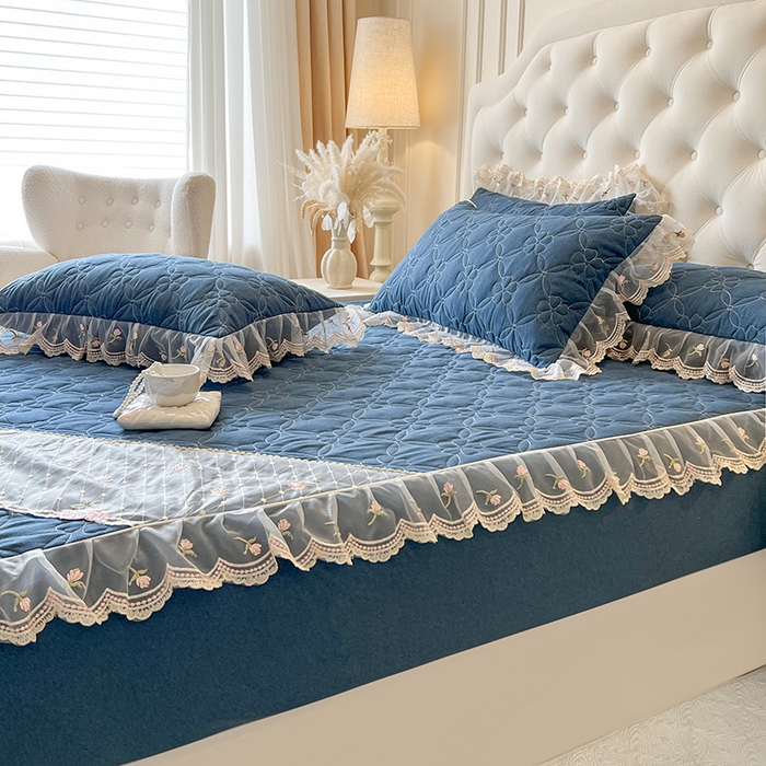 91家纺网 家纺一手货源 找家纺 网红馆（ck家纺） 2026新款色织蕾丝边床裙款床笠 宝石蓝