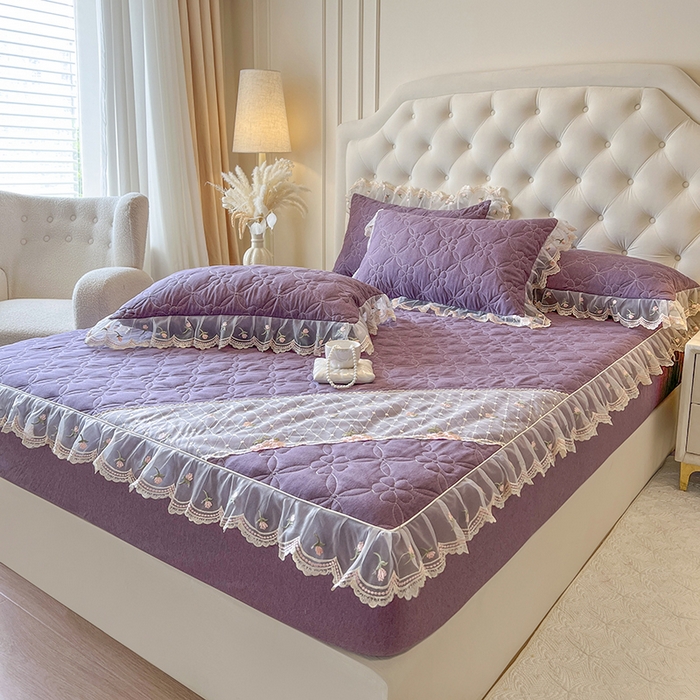 91家纺网 家纺一手货源 找家纺 网红馆（ck家纺） 2026新款色织蕾丝边床裙款床笠 浪漫紫