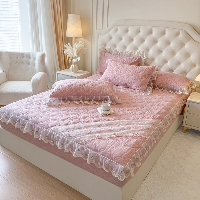 91家纺网 家纺一手货源 找家纺 网红馆（ck家纺） 2026新款色织蕾丝边床裙款床笠 香妃粉