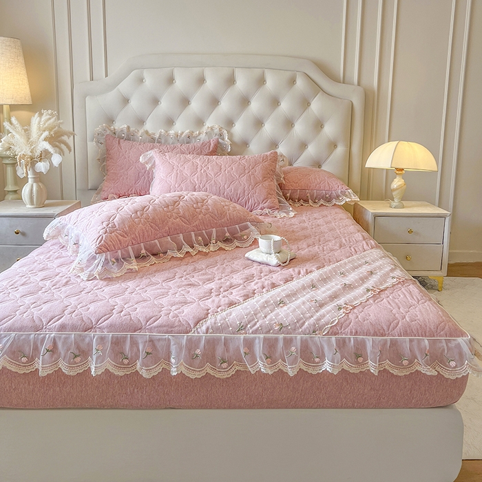 91家纺网 家纺一手货源 找家纺 网红馆（ck家纺） 2026新款色织蕾丝边床裙款床笠 香妃粉