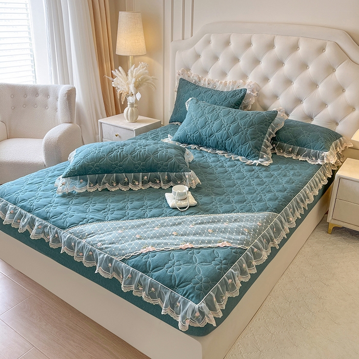 91家纺网 家纺一手货源 找家纺 网红馆（ck家纺） 2026新款色织蕾丝边床裙款床笠 黛绿色