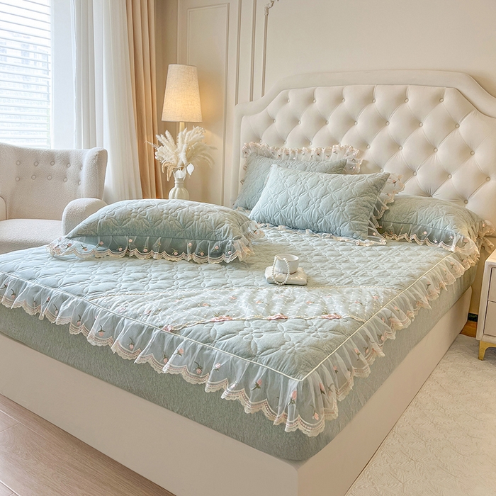 91家纺网 家纺一手货源 找家纺 网红馆（ck家纺） 2026新款色织蕾丝边床裙款床笠 石青