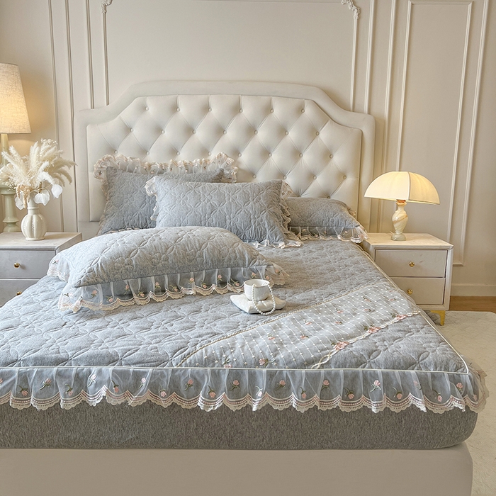 91家纺网 家纺一手货源 找家纺 网红馆（ck家纺） 2026新款色织蕾丝边床裙款床笠 烟熏灰