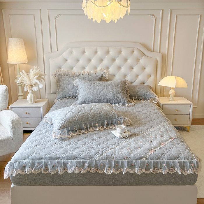 网红馆（ck家纺） 2026新款色织蕾丝边床裙款床笠 烟熏灰