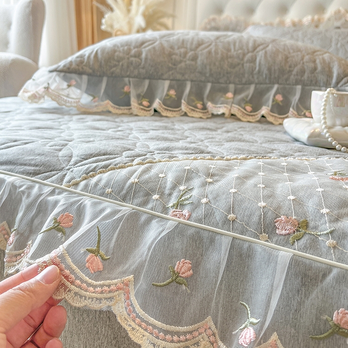 91家纺网 家纺一手货源 找家纺 网红馆（ck家纺） 2026新款色织蕾丝边床裙款床笠 烟熏灰