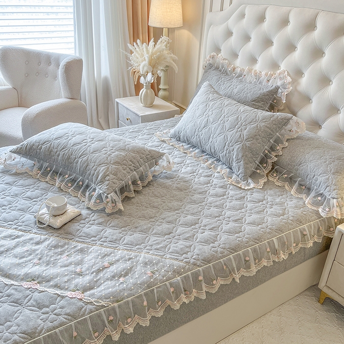 91家纺网 家纺一手货源 找家纺 网红馆（ck家纺） 2026新款色织蕾丝边床裙款床笠 烟熏灰