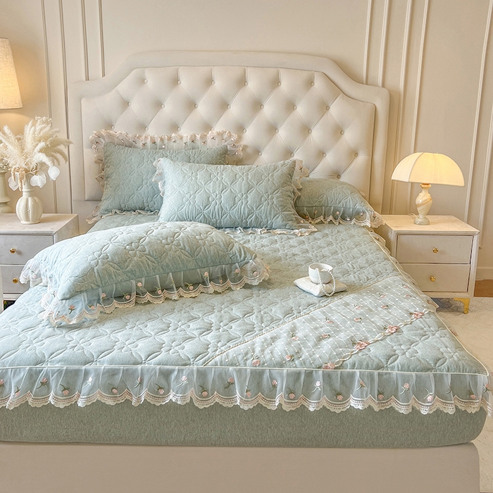 91家纺网 家纺一手货源 找家纺 网红馆（ck家纺） 2026新款色织蕾丝边床裙款床笠 石青