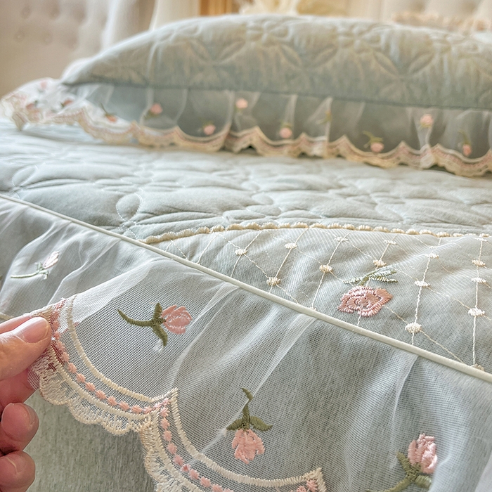 91家纺网 家纺一手货源 找家纺 网红馆（ck家纺） 2026新款色织蕾丝边床裙款床笠 石青