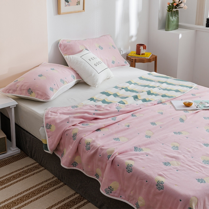 91家纺网 家纺一手货源 找家纺 朴尔家纺-毛巾被 2026春夏新款六层全棉纯棉纱布毛巾被夏被夏凉被空调被 清新菠萝-粉