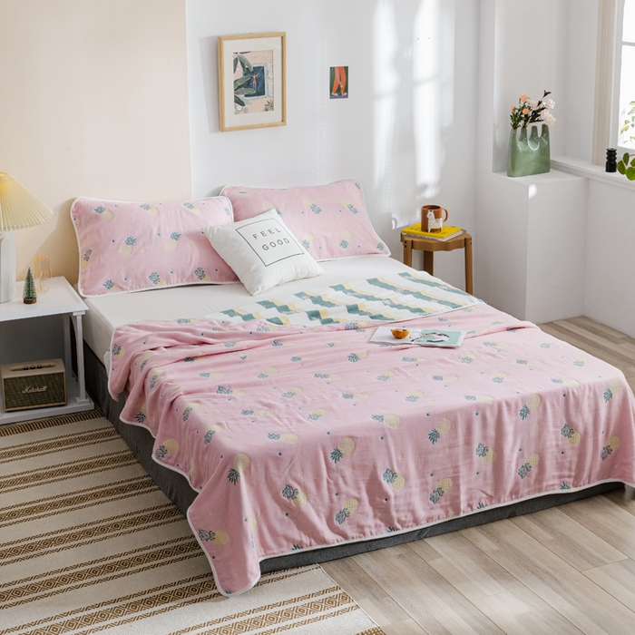 91家纺网 家纺一手货源 找家纺 朴尔家纺-毛巾被 2026春夏新款六层全棉纯棉纱布毛巾被夏被夏凉被空调被 清新菠萝-粉