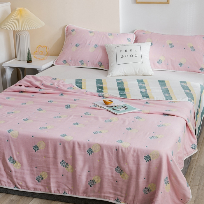 91家纺网 家纺一手货源 找家纺 朴尔家纺-毛巾被 2026春夏新款六层全棉纯棉纱布毛巾被夏被夏凉被空调被 清新菠萝-粉