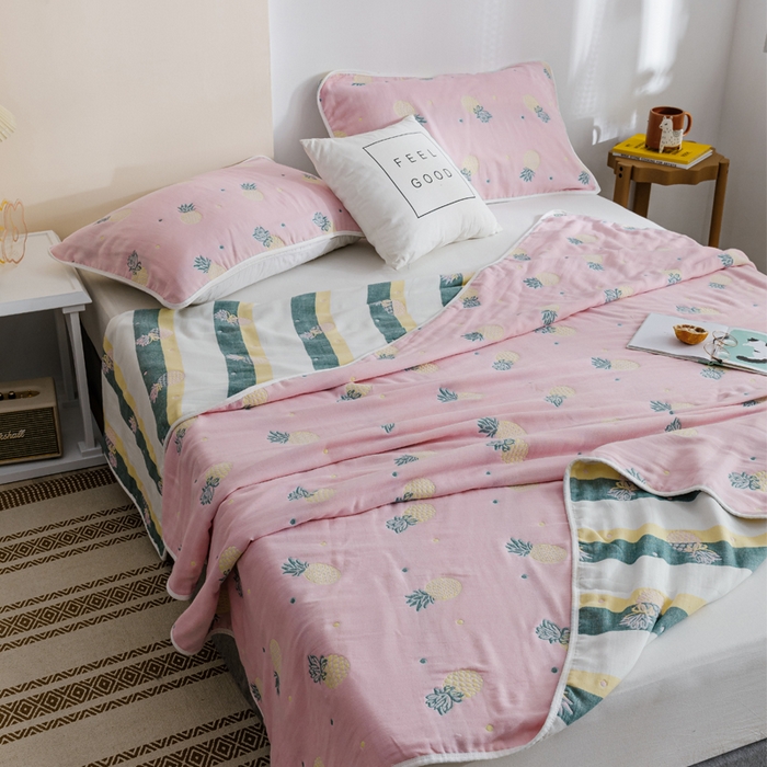 91家纺网 家纺一手货源 找家纺 朴尔家纺-毛巾被 2026春夏新款六层全棉纯棉纱布毛巾被夏被夏凉被空调被 清新菠萝-粉