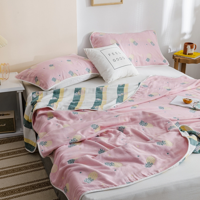 91家纺网 家纺一手货源 找家纺 朴尔家纺-毛巾被 2026春夏新款六层全棉纯棉纱布毛巾被夏被夏凉被空调被 清新菠萝-粉