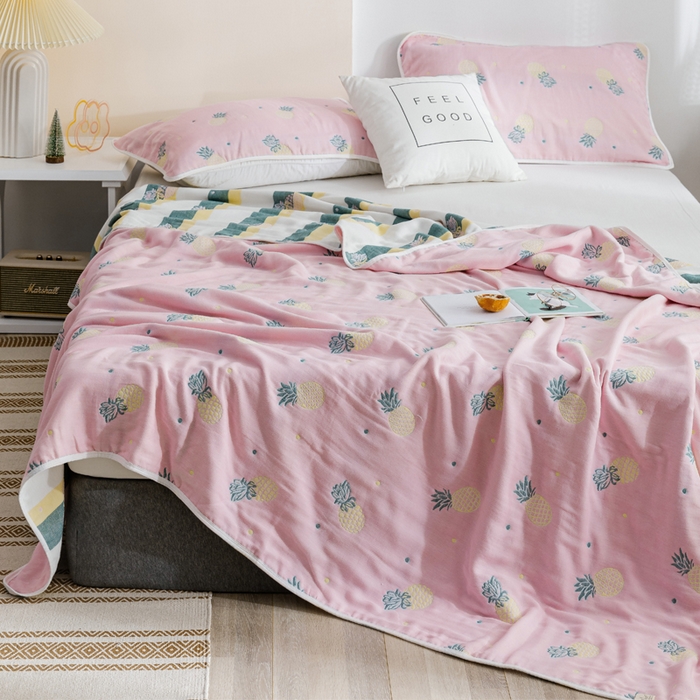 91家纺网 家纺一手货源 找家纺 朴尔家纺-毛巾被 2026春夏新款六层全棉纯棉纱布毛巾被夏被夏凉被空调被 清新菠萝-粉