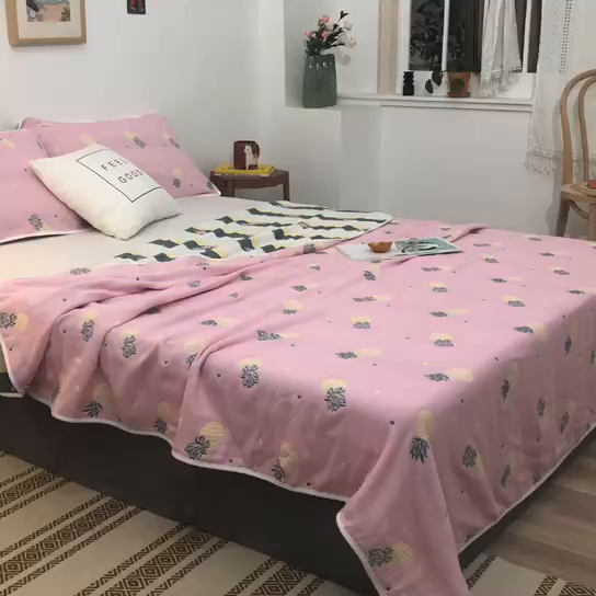 91家纺网 家纺一手货源 找家纺 朴尔家纺-毛巾被 2026春夏新款六层全棉纯棉纱布毛巾被夏被夏凉被空调被 清新菠萝-粉