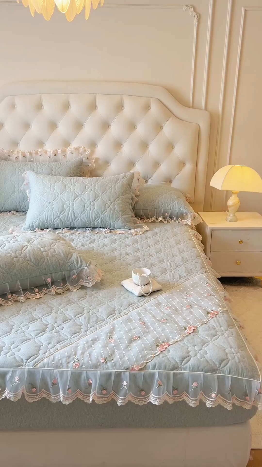 91家纺网 家纺一手货源 找家纺 网红馆（ck家纺） 2026新款色织蕾丝边床裙款床笠 石青