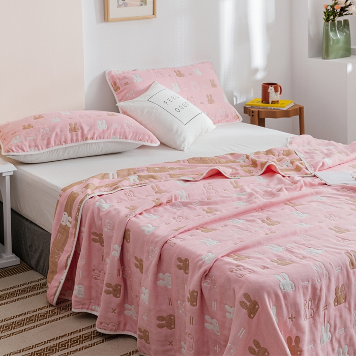 91家纺网 家纺一手货源 找家纺 朴尔家纺-毛巾被 2026春夏新款六层全棉纯棉纱布毛巾被夏被夏凉被空调被 算术小兔-粉