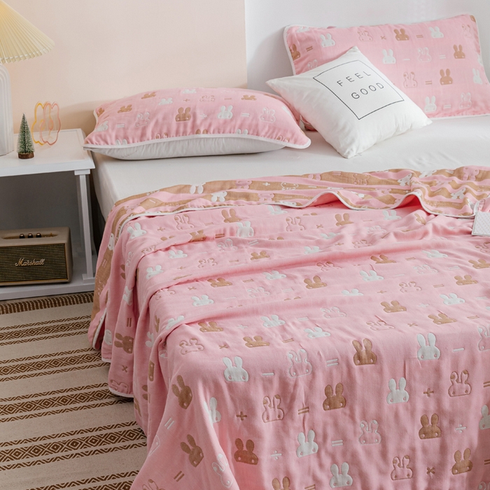 91家纺网 家纺一手货源 找家纺 朴尔家纺-毛巾被 2026春夏新款六层全棉纯棉纱布毛巾被夏被夏凉被空调被 算术小兔-粉