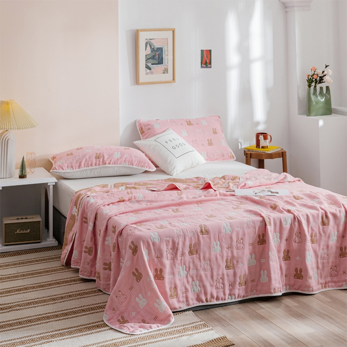 91家纺网 家纺一手货源 找家纺 朴尔家纺-毛巾被 2026春夏新款六层全棉纯棉纱布毛巾被夏被夏凉被空调被 算术小兔-粉