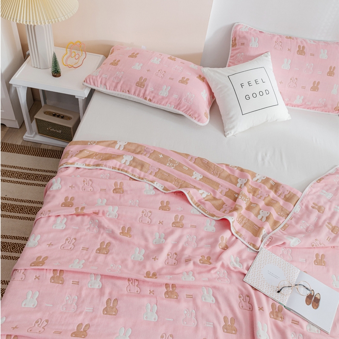 91家纺网 家纺一手货源 找家纺 朴尔家纺-毛巾被 2026春夏新款六层全棉纯棉纱布毛巾被夏被夏凉被空调被 算术小兔-粉