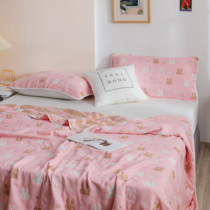 91家纺网 家纺一手货源 找家纺 朴尔家纺-毛巾被 2026春夏新款六层全棉纯棉纱布毛巾被夏被夏凉被空调被 算术小兔-粉