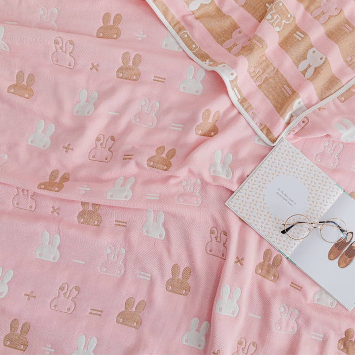 91家纺网 家纺一手货源 找家纺 朴尔家纺-毛巾被 2026春夏新款六层全棉纯棉纱布毛巾被夏被夏凉被空调被 算术小兔-粉