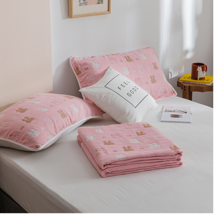 91家纺网 家纺一手货源 找家纺 朴尔家纺-毛巾被 2026春夏新款六层全棉纯棉纱布毛巾被夏被夏凉被空调被 算术小兔-粉