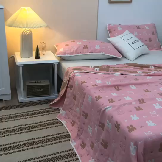 91家纺网 家纺一手货源 找家纺 朴尔家纺-毛巾被 2026春夏新款六层全棉纯棉纱布毛巾被夏被夏凉被空调被 算术小兔-粉