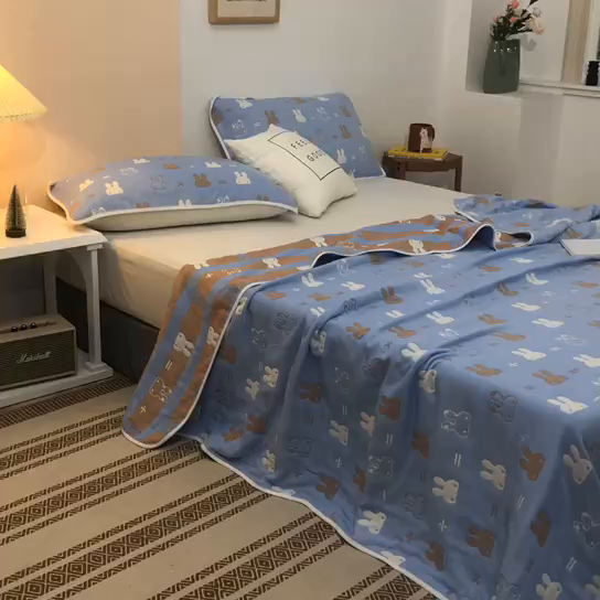 91家纺网 家纺一手货源 找家纺 朴尔家纺-毛巾被 2026春夏新款六层全棉纯棉纱布毛巾被夏被夏凉被空调被 算术小兔-兰