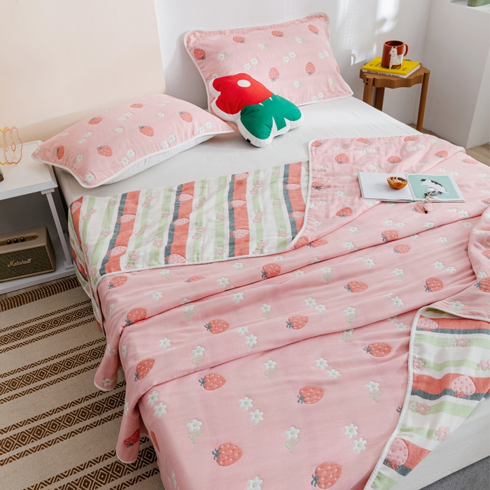 91家纺网 家纺一手货源 找家纺 朴尔家纺-毛巾被 2026春夏新款六层全棉纯棉纱布毛巾被夏被夏凉被空调被 甜甜草莓-粉