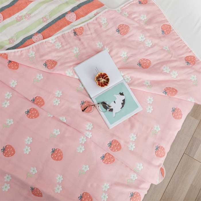 91家纺网 家纺一手货源 找家纺 朴尔家纺-毛巾被 2026春夏新款六层全棉纯棉纱布毛巾被夏被夏凉被空调被 甜甜草莓-粉