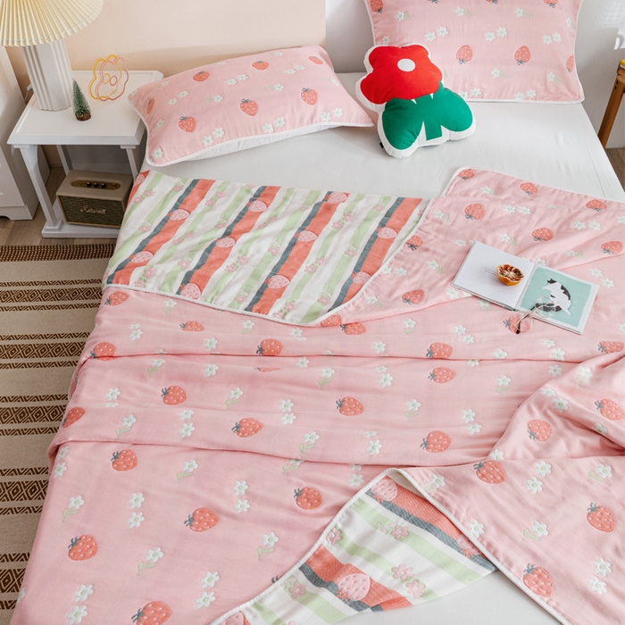 91家纺网 家纺一手货源 找家纺 朴尔家纺-毛巾被 2026春夏新款六层全棉纯棉纱布毛巾被夏被夏凉被空调被 甜甜草莓-粉